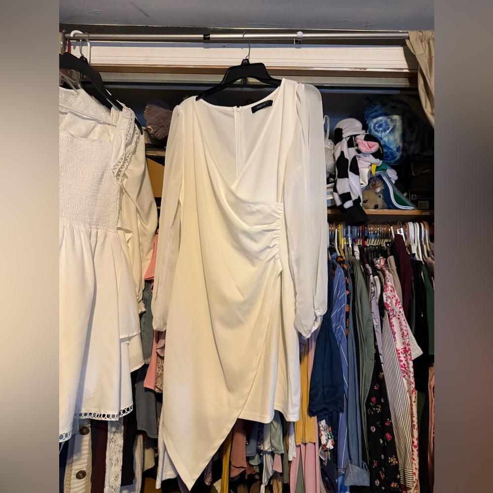 Long sheer sleeve white wrap dress